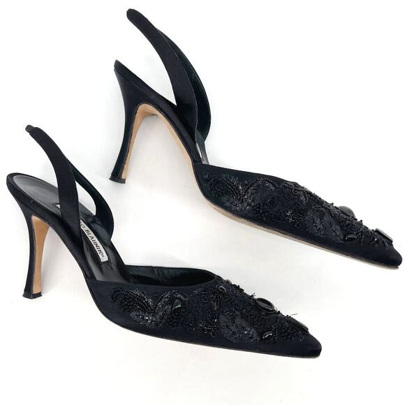 Manolo Blahnik Retro Black Satin Ornate Beaded Pointed Toe Slingback Heel IT 40 - Picture 4 of 13
